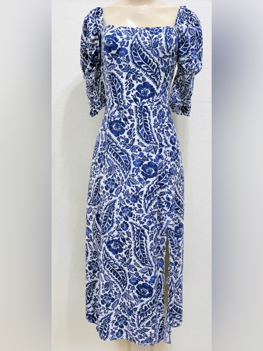 Blue Rain Blue White Floral Midi Dress Puff Sleeve Side Slit Large NWT